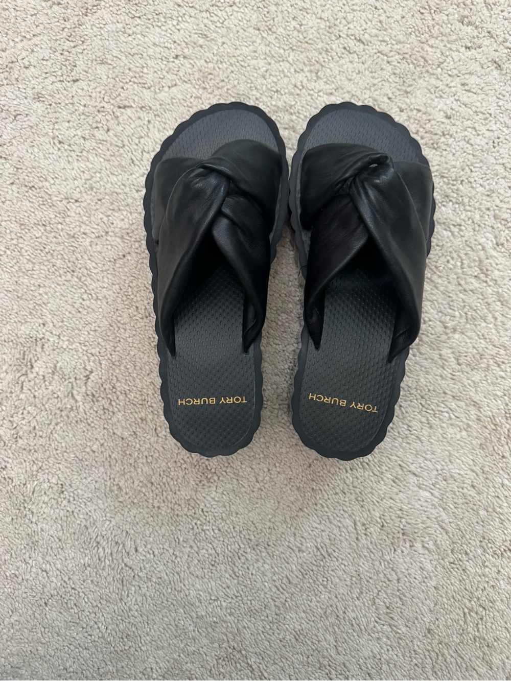 Tory Burch Black Knotted Leather Slide platform Sandals